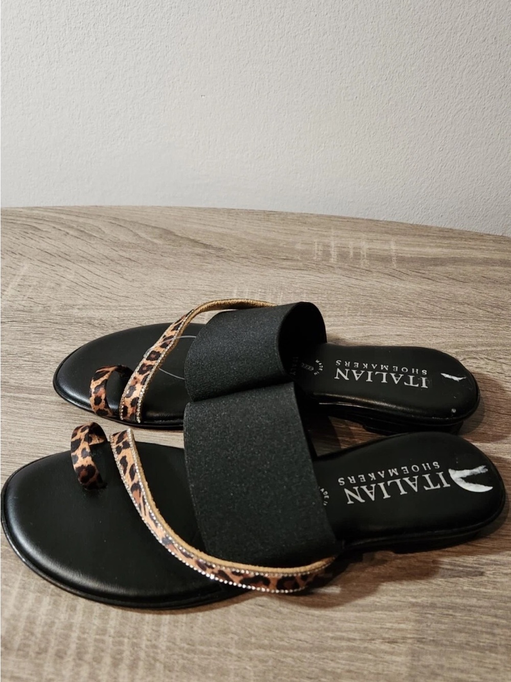 Italian Shoemakers Black Sandals with Leopard-Print Straps